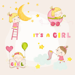 Set of Cute Baby Girl Illustrations - for Baby Shower or Arrival