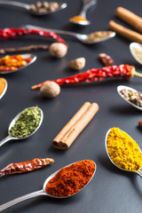 Various spices in spoons.
