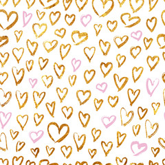 Seamless pattern with golden and pink hearts on white background