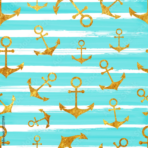 "Golden anchors seamless pattern on azure background" Stock image and