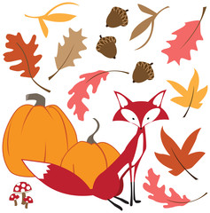 Obraz na płótnie Canvas Colorful vector illustration of fall leaves, pumpkins with a cute red fox