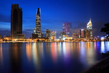 Fototapeta na wymiar Ho Chi Minh Riverside view colorful night in Sai Gon, Vietnam