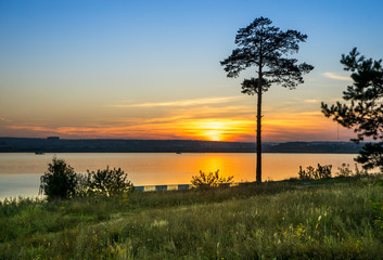 Obraz na płótnie Canvas Beautiful sunset and lonely pine on the lake