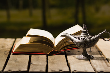 Thick book lying open on wooden surface, Aladin lamp sitting next to it, beautiful night light...