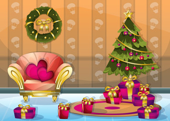 cartoon vector illustration interior Christmas room with separated layers in 2d graphic
