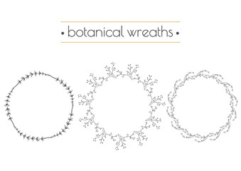 Hand drawn vector illustration. Set of vintage decorative herbal wreaths. Boho design elements.