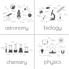 Set of line icons. Educational and science concept. Isolated on white background. School subjects.