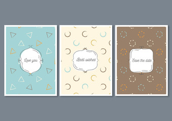 Set of invitation cards with hand drawn patterns. Invite wedding templates or greeting cards.