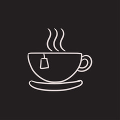 Hot tea in cup sketch icon.