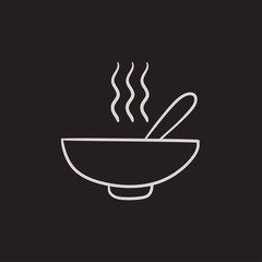 Bowl of hot soup with spoon sketch icon.