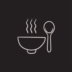 Bowl of hot soup with spoon sketch icon.