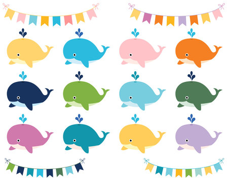 Colorful Cartoon Whales and Buntings Set
