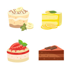 Colorful sweet cakes slices pieces set vector illustration.