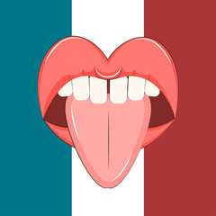 French kiss Vector illustration Open mouth with tongue sticking out on the background of the French flag Cartoon style
