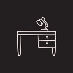 Desk lamp on table sketch icon.