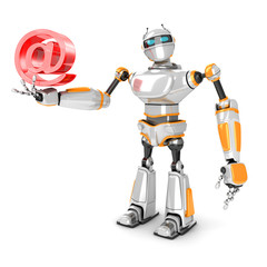 Futuristic Robot With Red AT E-mail Symbol. Hi-Tech Communicatio