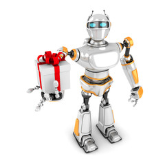 Futuristic Robot Presenting Gift Box