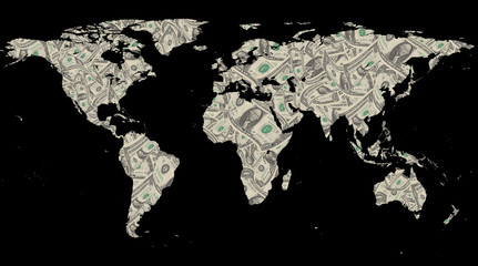 Fototapeta na wymiar World map with dollar isolated on black background