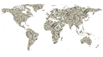 World map with  dollar  isolated on black.