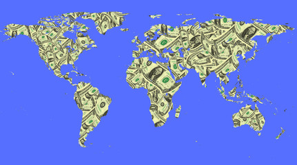 World map with  dollar  isolated on blue background