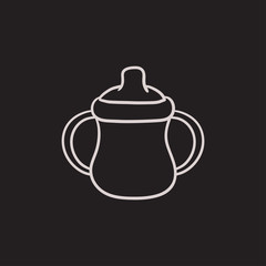 Baby bottle with handles sketch icon.