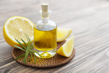 lemon oil in a glass bottle