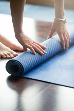 Rolled Blue Yoga Mat Blue Water Stock Photo 1781622638