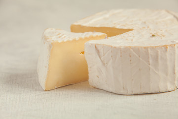 Fresh brie cheese with white mold on a white background