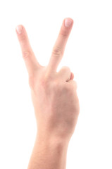 Letter 'U' in sign language, on a white background
