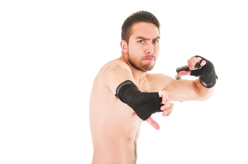 Naklejka premium tough martial arts fighter wearing black shorts and wristband