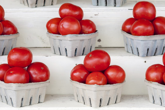 Bright red tomatoes stacked in boxes, Denton, Maryland, United States of America