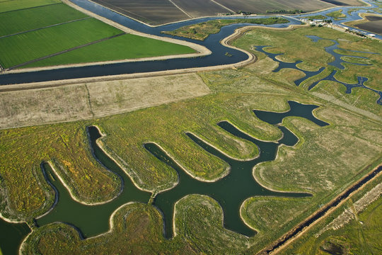 Agriculture - Aerial view of farmland, both cultivated and fallow, and river channels in the Sacramento-San Joaquin River Delta / near Lodi, California, USA.