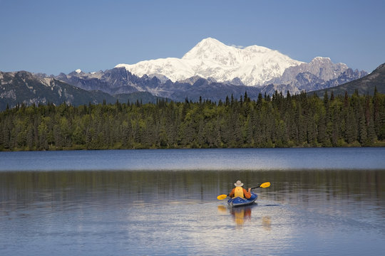 Man Paddling A Klepper Kayak On Byers Lake At Denali State Park. Mt. Mckinley Is Visible In The Background. August. Summer In The Interio Of Alaska.