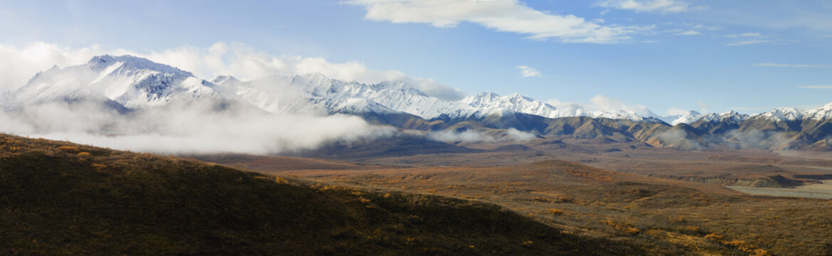 Scenic Panorama View Of Polychrome Pass Basin In The Fall With The Alaska Range In The Background, Denali National Park, Interior, Alaska