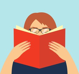 faceless woman in glasses holding an open book in his hands. Education symbol. Vector illustration of student learning.