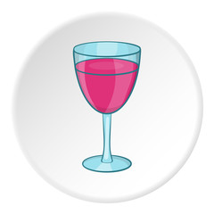 Glass of wine icon in cartoon style on white circle background. Drink symbol vector illustration