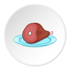 Piece of meat in plate icon in cartoon style on white circle background. Food symbol vector illustration