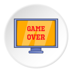 Monitor with word game over icon in cartoon style on white circle background. Play symbol vector illustration