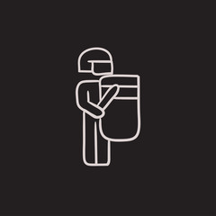 Policeman with shield and baton sketch icon.