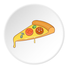 Slice of pizza icon in cartoon style on white circle background. Food symbol vector illustration