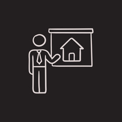Real estate agent showing house sketch icon.