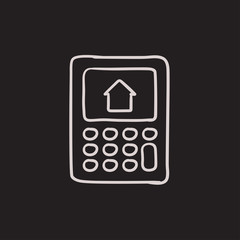 Calculator with house on display sketch icon.