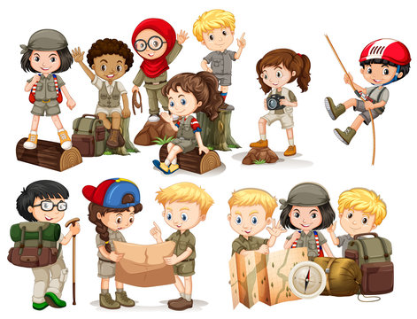 Boys and girls in camping outfit