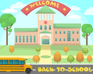School building and yellow school bus on a blue sky background and the text: Welcome back to school.