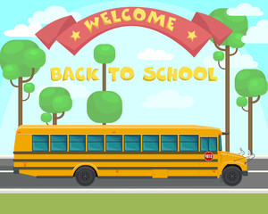 Yellow school bus on the background of sky, trees and the road. Welcome back to school. Vector flat illustration.