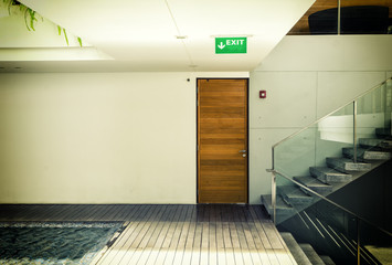 abstract scene of hotel room and lobby way to exit