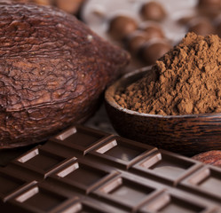 Chocolate bar, candy sweet, dessert food on wooden background