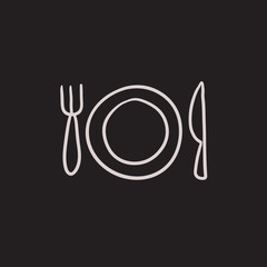 Plate with cutlery sketch icon.