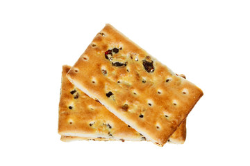 Top view of raisin biscuits isolated on white background.