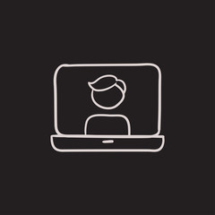 Laptop with man on screen sketch icon.